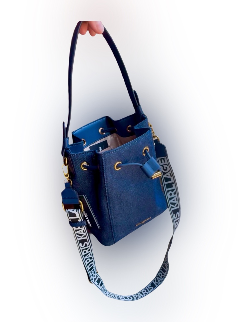 NWT Karl Lagerfeld Paris Adele Denim Bucket Bag Crossbody $198
